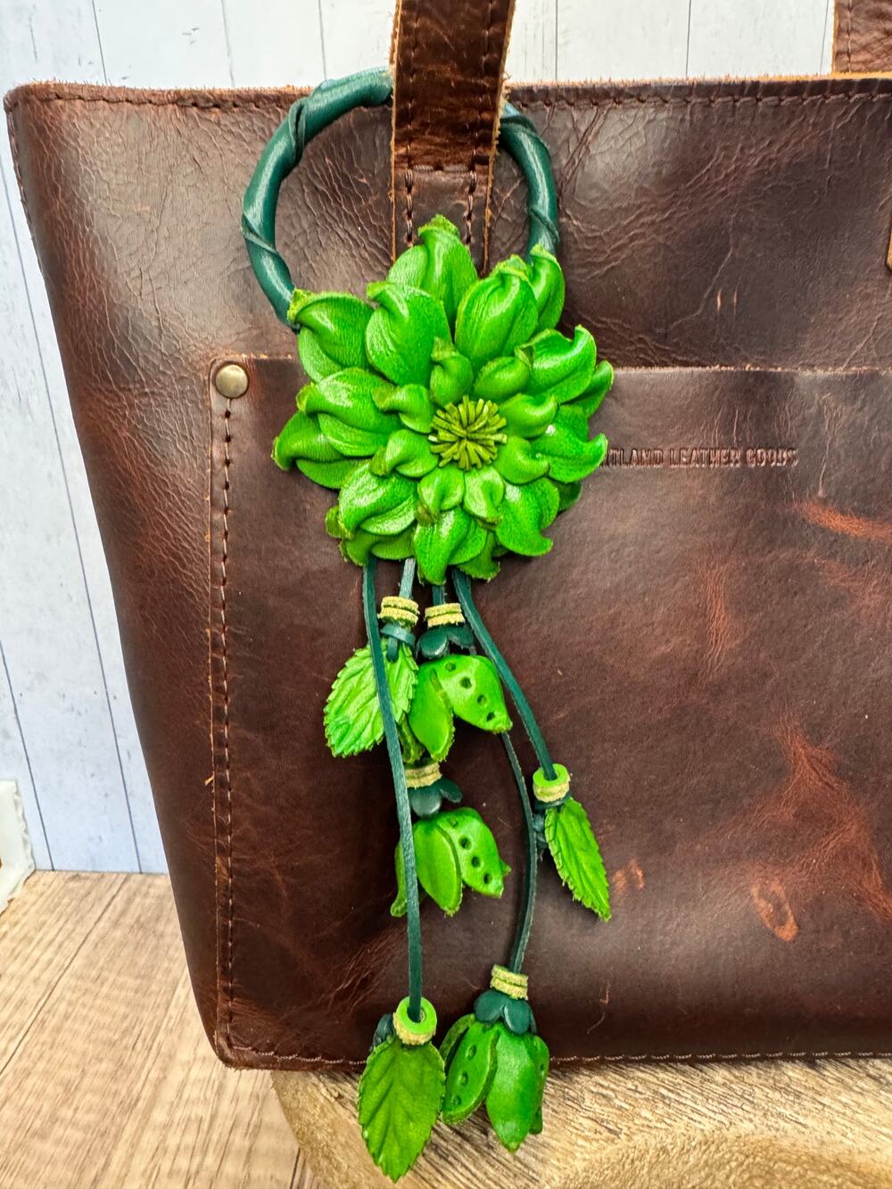 Leather Purse Charm Genuine Leather Green Flower Bag Charm NEW FAST SHIP
